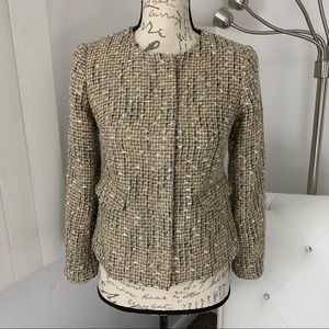 Talbots Beige Gold Metallic Zipper Front Tweed Blazer Jacket Mature Modest 2P
